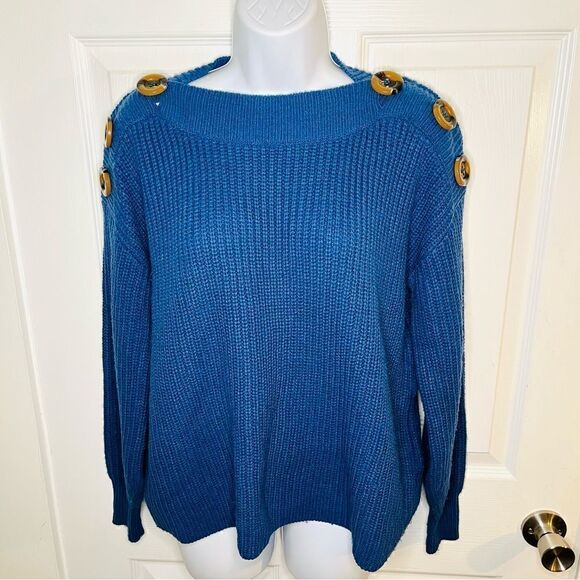 Philosophy Button Shoulder Dolman Boatneck Sweater Balloon Sleeve Blue S - Picture 3 of 11
